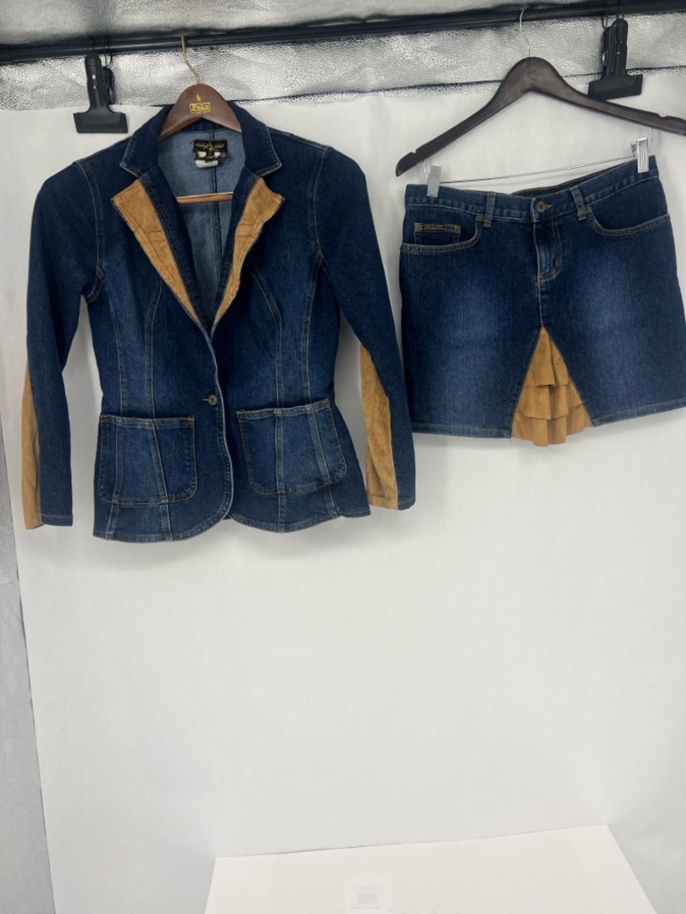 Y2K Baby Phat Dark Blue Denim Jacket & Skirt with Tan Suede Accents
